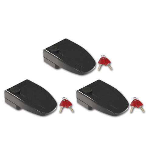 Dettaglio del Safe Door 3 one key system standard nero di FIAMMA S.P.A. installato su portellone di camper, mostrando la robustezza dell'alluminio anodizzato.