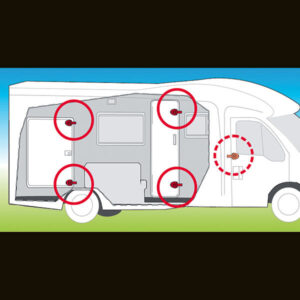 Immagine ravvicinata del meccanismo di chiusura del Safe Door Guardian per caravan.