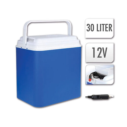 BFR04_1 Borsa frigo elettrica 12 V 30 L aperta con bevande e alimenti all'interno, ideale per il camper.
