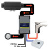Vista laterale del Boiler scambiatore ad aria che mostra gli attacchi idraulici ed elettrici principali