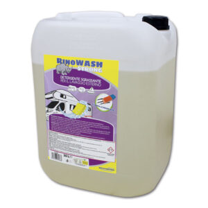 CCA806_1 Detergente RinoWASH STRONG 20 L per la pulizia esterna di camper e caravan, flacone su sfondo neutro.