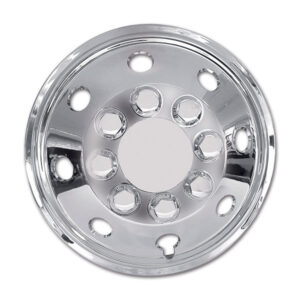 Kit 4 copricerchi convessi cromo 15 pollici installati su ruota di camper, vista laterale che mostra la finitura lucida.