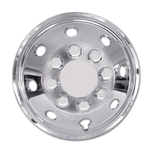 Kit 4 copricerchi convessi cromo 15 pollici installati su ruota di camper, vista laterale che mostra la finitura lucida.