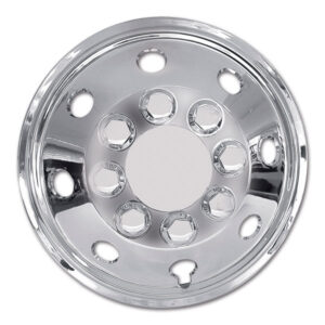 Kit 4 copricerchi convessi cromo 16 pollici installati su ruota di camper, vista laterale.