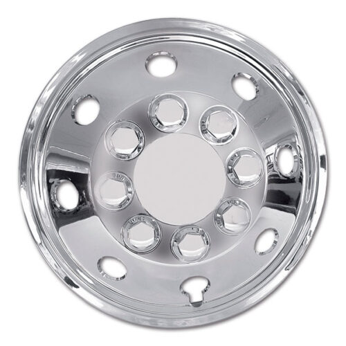 Kit 4 copricerchi convessi cromo 16 pollici installati su ruota di camper, vista laterale.