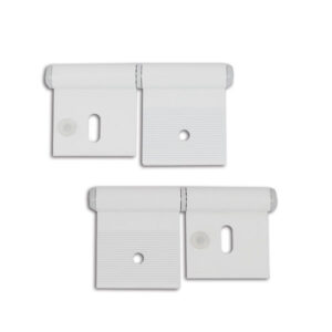 CER507_1 Cerniera alluminio bianco 84 mm 2 fori per porte di camper e caravan, vista ravvicinata del meccanismo di apertura.