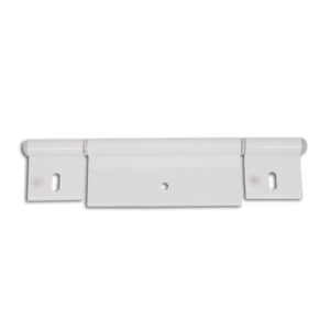 CER512_1 Cerniera alluminio bianco 200 mm 3 fori montata su sportello di un camper, mostrando la finitura pulita e i punti di fissaggio.