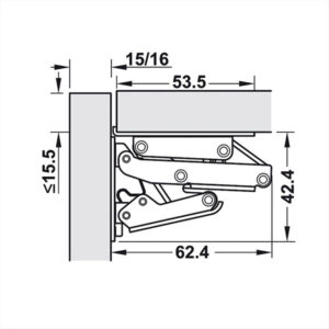 CER602_4 Illustrazione tecnica della cerniera a ribalta 180° con misure e punti di fissaggio.