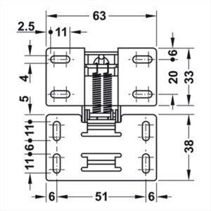 CER606_5 Schema tecnico della cerniera a ribalta 90° ammortizzata con dimensioni e punti di fissaggio.