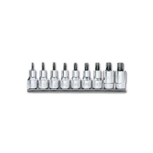 Set 9 inserti per chiavi a bussola Torx in acciaio al cromo vanadio, mostrato nella custodia.