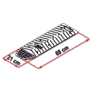 Immagine composita che mostra il Level Plate in uso con un camper e le sue caratteristiche di robustezza e stabilità.