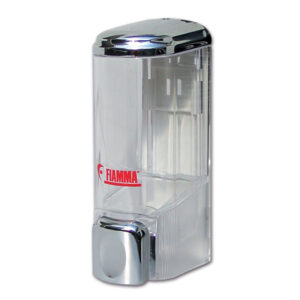 Dispenser Fiamma sapone liquido installato in un bagno per camper, mostrando il design compatto e funzionale del prodotto.