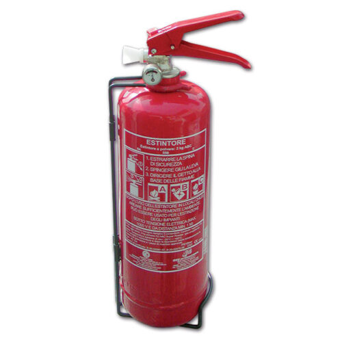 EST02P_1 Estintore a polvere da 2 kg con supporto di fissaggio, pronto all'uso su camper o caravan.
