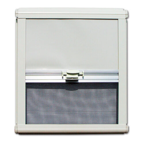 Zanzariera/oscurante NRF 450x650 avorio installata su finestra camper, vista interna.