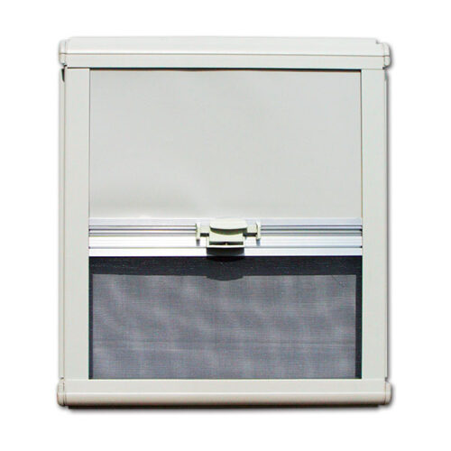 Zanzariera/oscurante NRF 500 x 650 avorio installata su finestra di camper, vista interna, colore avorio.