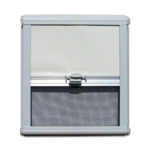 Zanzariera/oscurante NRF grigio 600x650 installata su finestra di camper, vista interna.