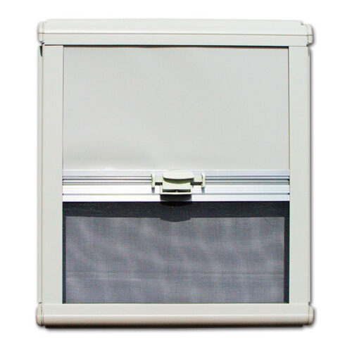 Zanzariera/oscurante NRF 1250x650 color avorio installata su finestra di camper, vista interna protezione da insetti e luce solare.