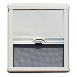 Zanzariera/oscurante NRF 1300x650 avorio installata su finestra camper, offre protezione e privacy.