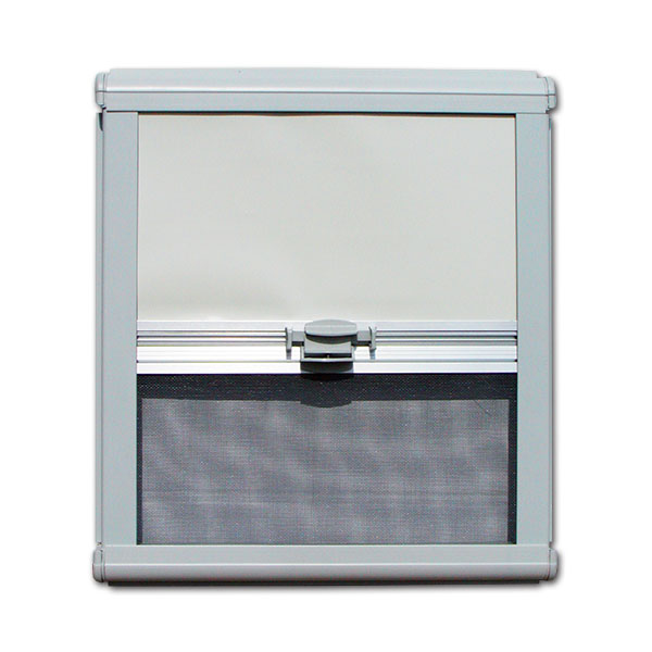 Zanzariera/oscurante NRF grigio 1700x650 installata su finestra di camper, vista interna con protezione luce e insetti.