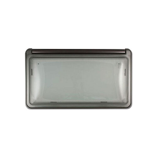 Finestra Roxite 4.23 • 700 x 300 • grigio installata su un camper, mostrando la sua chiarezza e il telaio robusto.