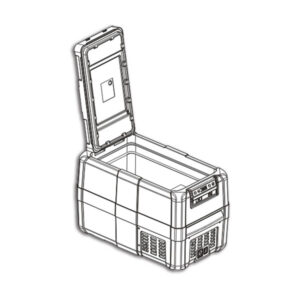 FRG041_2 Dettaglio del pannello di controllo digitale del frigo portatile Invision, evidenziando le opzioni di regolazione della temperatura e le porte di alimentazione.