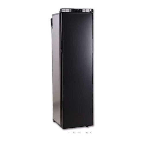 FRG514_1 Frigorifero SLIM compressore e freezer 135 L installato in un interno camper moderno, con porta aperta che mostra gli scomparti interni.