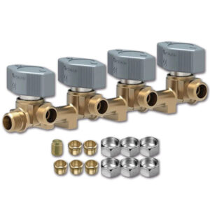 FRN2128_1 Rubinetto gas 4 vie con raccordi da 8 mm per impianti di camper e caravan, dettaglio tecnico.