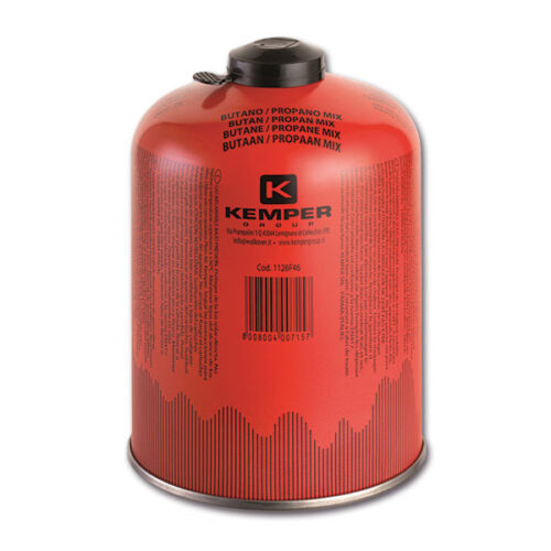 FRN3102_1 Una cartuccia a valvola Kemper da 450 g posizionata su una superficie neutra, evidenziando il meccanismo della valvola.