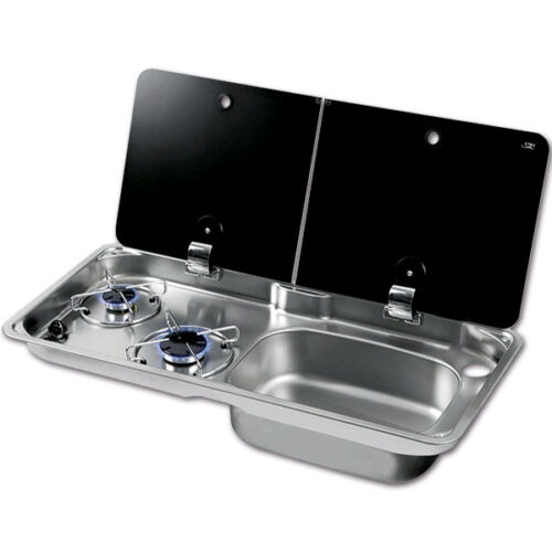 Vista frontale del blocco cucina Randi XL con due fuochi e lavello a destra, installato in un camper.