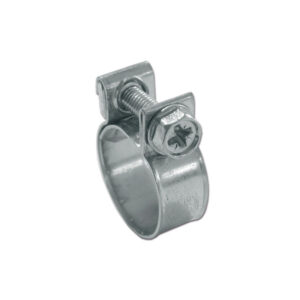 FST308_1 Fascetta mini con vite Ø 7-12 mm per tubi idraulici di camper e caravan, primo piano sul meccanismo di serraggio.