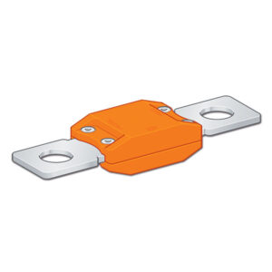FUS2515_1 Dettaglio del fusibile Megaval arancione da 150 A per la protezione elettrica di camper e caravan.