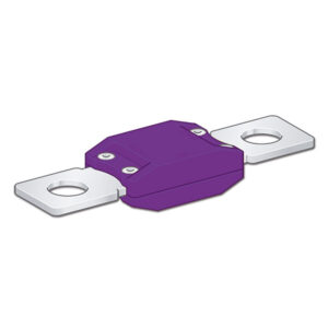 Dettaglio del fusibile Megaval viola 400 A, un componente cruciale per la protezione dei circuiti elettrici ad alta corrente nei veicoli ricreazionali.