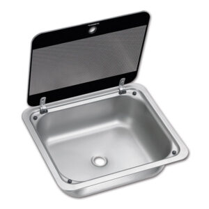 Lavello rettangolare Dometic SNG4133 con coperchio in vetro temperato, ideale per camper e caravan.