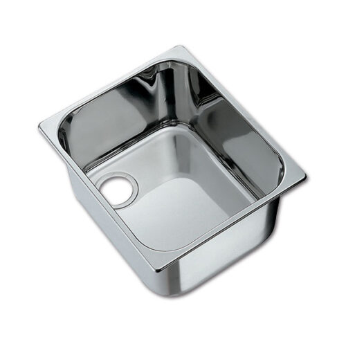 Dettaglio del lavello inox 355 x 260 mm LA1401 montato su un piano di lavoro da camper