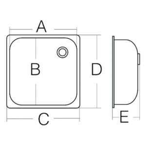 Immagine ravvicinata del bordo del lavello inox 355 x 260 mm, evidenziando la qualità della lavorazione