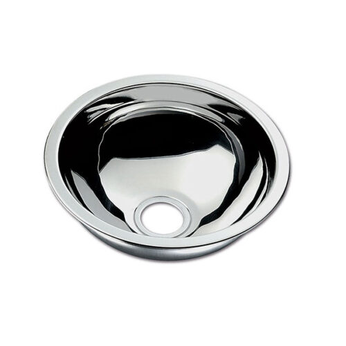 Lavello inox tondo 300 mm LA1410 installato in un camper moderno, mostra la sua finitura lucida e compatta.