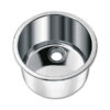 Lavello inox cilindrico Ø 340 mm LA1417 installato in un piano cucina di un camper, mostrando la finitura lucida dell'acciaio.