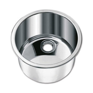 Lavello inox cilindrico Ø 340 mm LA1417 installato in un piano cucina di un camper, mostrando la finitura lucida dell'acciaio.