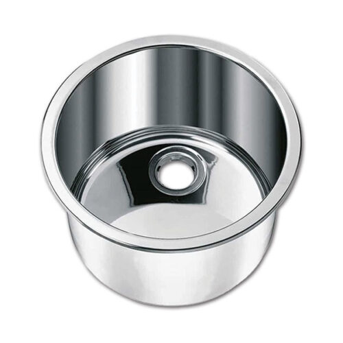 Lavello inox cilindrico Ø 340 mm LA1417 installato in un piano cucina di un camper, mostrando la finitura lucida dell'acciaio.