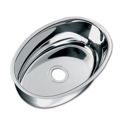 Lavello inox ovale LA1420 installato in un piano di lavoro di un camper, mostrando la finitura lucida dell'acciaio inossidabile.