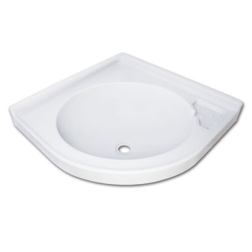 Lavello angolare termoformato installato in un angolo di una cucina da camper, mostrando il design compatto e funzionale.