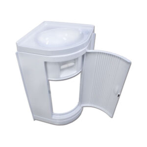 Vista dall'alto del lavello ovale termoformato, con gli accessori inclusi posizionati accanto per mostrare la completezza.