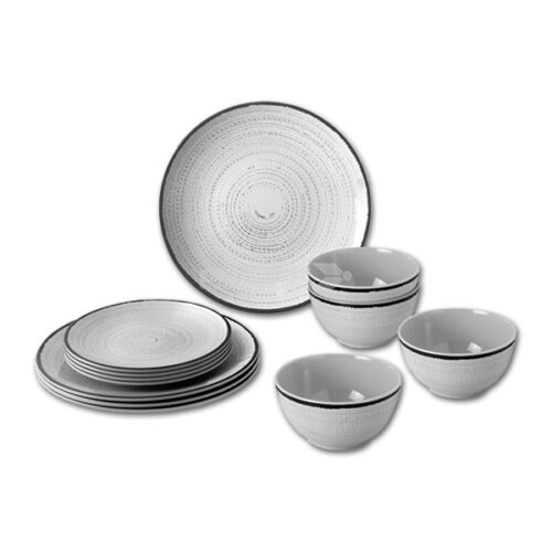 MLM071_1 Dettaglio del Set melamina Midday Tivoli • 12 pz BRUNNER S.R.L. con piatti e tazze impilati
