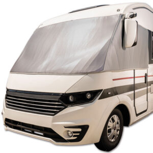 OTM803_1 Oscurante isotermico esterno per Mc Louis Nevis installato su camper parcheggiato in montagna, offre isolamento.