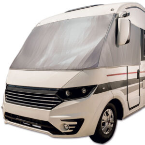 OTM829_1 Oscurante esterno isotermico Roller Team Zefiro 284 montato su camper, vista frontale e laterale, protezione termica e privacy