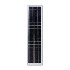 Dettaglio del pannello fotovoltaico modulare 25 W con connettori e cavi per la ricarica delle batterie.