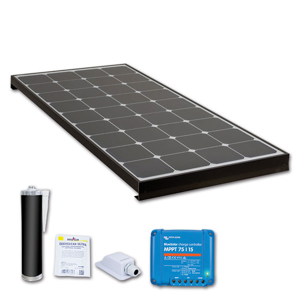 PNL322K3_1-1 Pannello solare Black Booster 220W installato sul tetto di un camper, mostrando il design efficiente e la robustezza costruttiva.