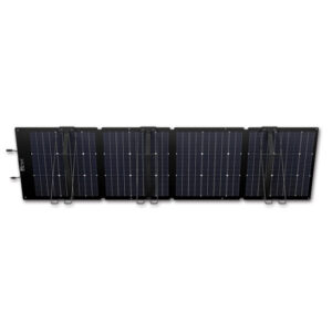 Pannello solare 220 W in primo piano, con connettori e cavi per installazione.