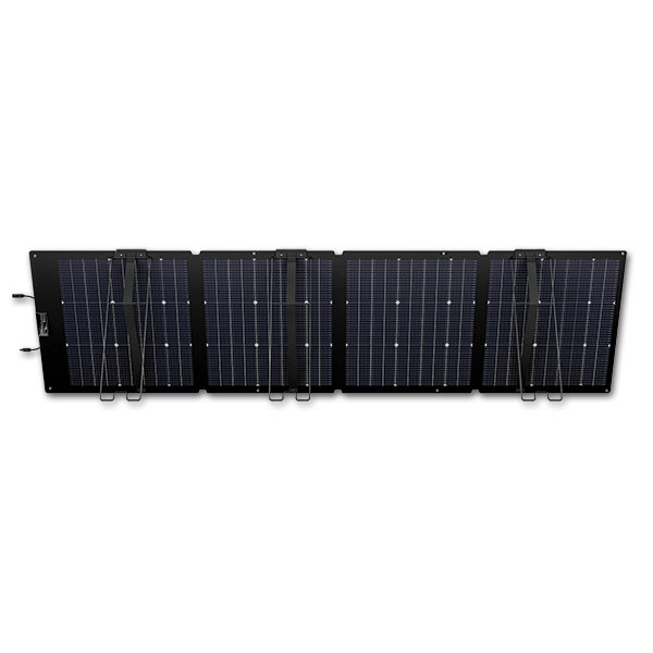 Pannello solare 220 W in primo piano, con connettori e cavi per installazione.