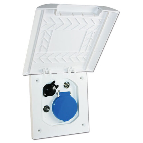 PRE261V_1 Presa esterna multifunzionale linea ELEMENT installata su parete di camper per connettività esterna.